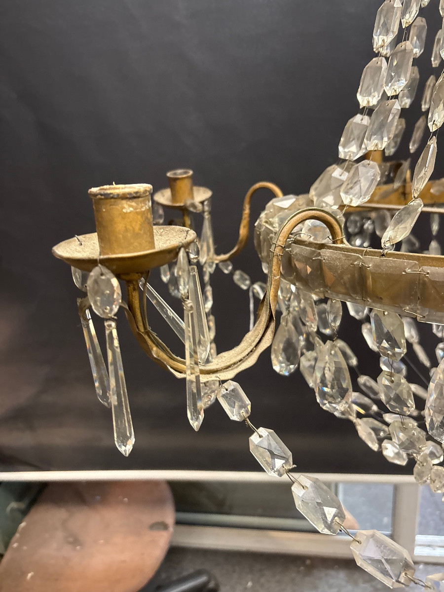 Early 19th Century Chandelier, Hot Air Balloon Model, 6 Arms, Wrought Iron And Antique Crystal  -photo-4