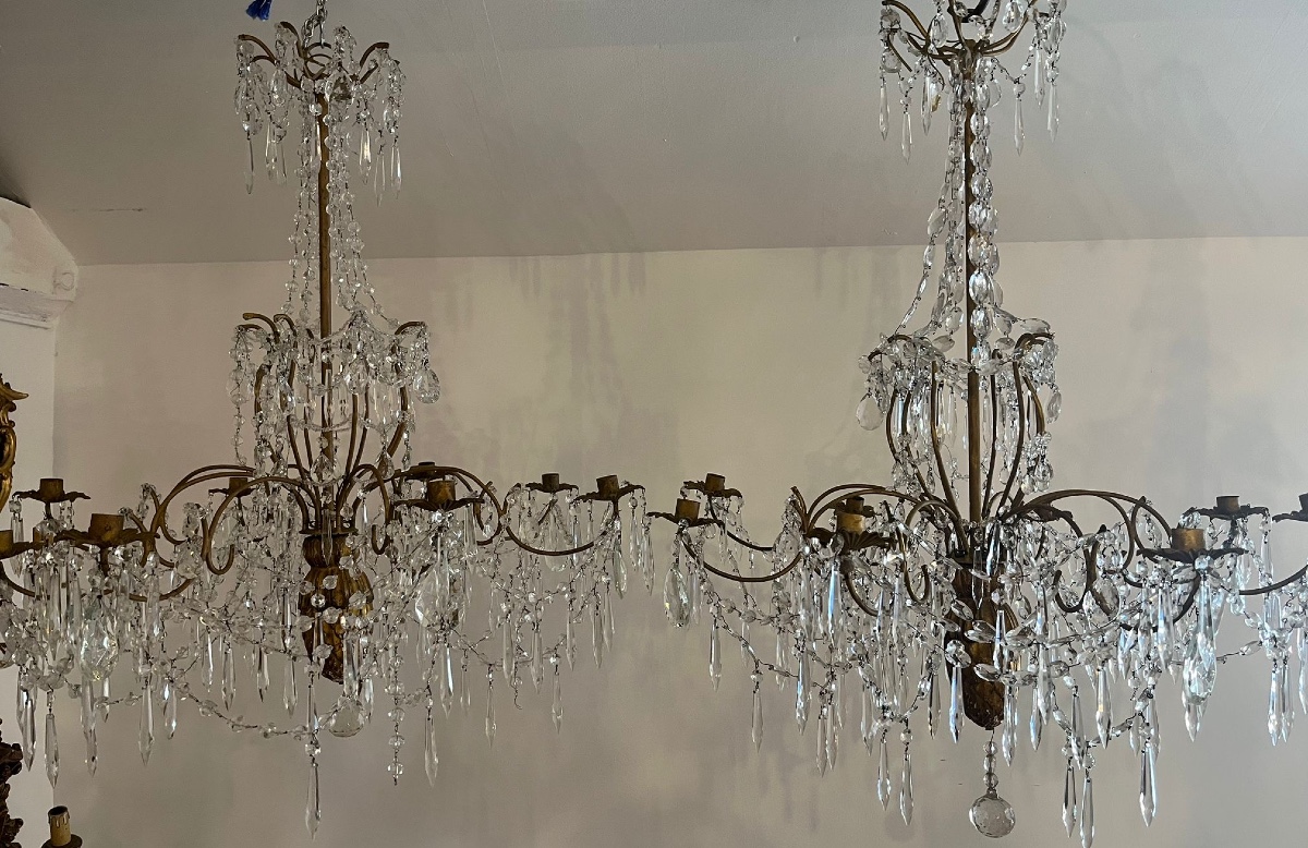 Pair Of 19th Century Italian Chandeliers With Wrought Iron Frames And Antique Crystal Garlands 