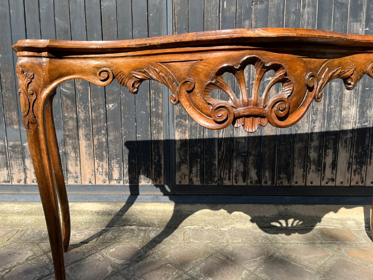  Curved Console Table In Walnut, Venice, 18th Century, Wooden Top -photo-1
