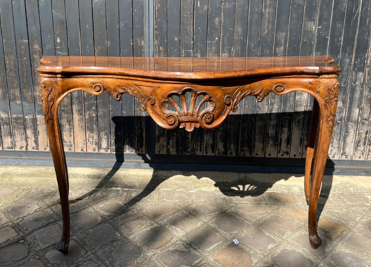 Curved Console Table In Walnut, Venice, 18th Century, Wooden Top 