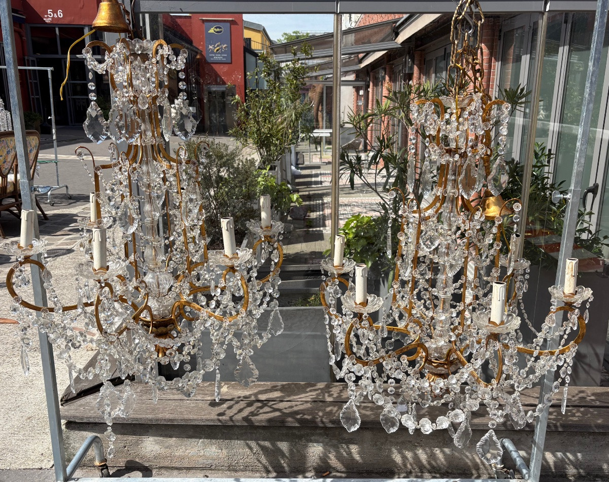 Pair Of Italian 6-light Gilded Iron Chandeliers With Crystal Garlands XX Eme-photo-2