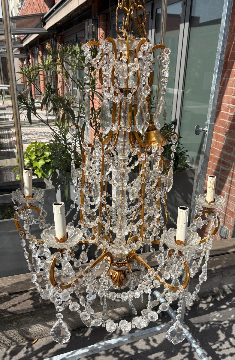 Pair Of Italian 6-light Gilded Iron Chandeliers With Crystal Garlands XX Eme-photo-4