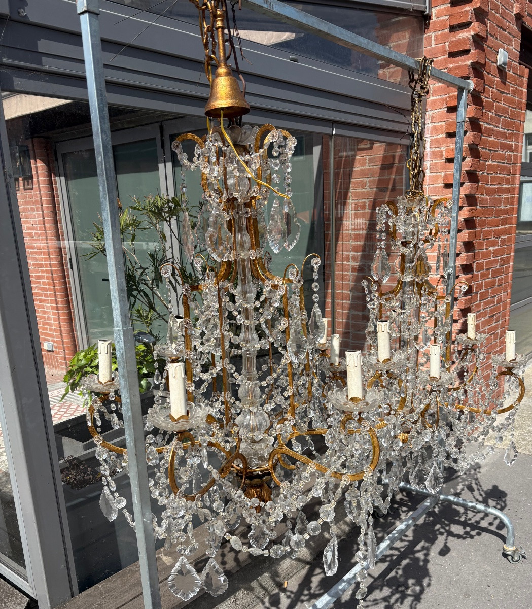 Pair Of Italian 6-light Gilded Iron Chandeliers With Crystal Garlands XX Eme-photo-1