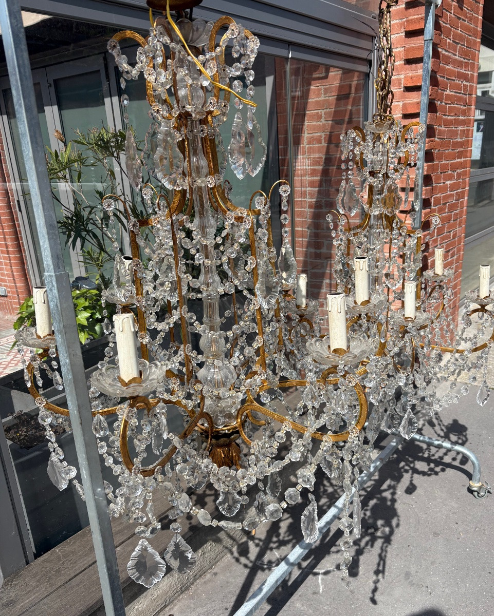 Pair Of Italian 6-light Gilded Iron Chandeliers With Crystal Garlands XX Eme-photo-2