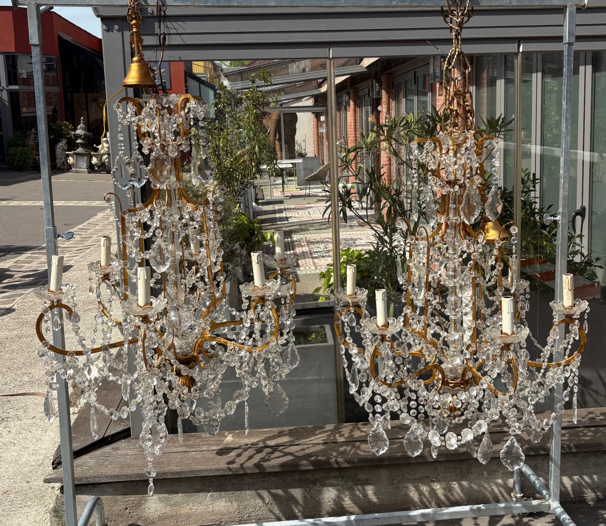 Pair Of Italian 6-light Gilded Iron Chandeliers With Crystal Garlands XX Eme