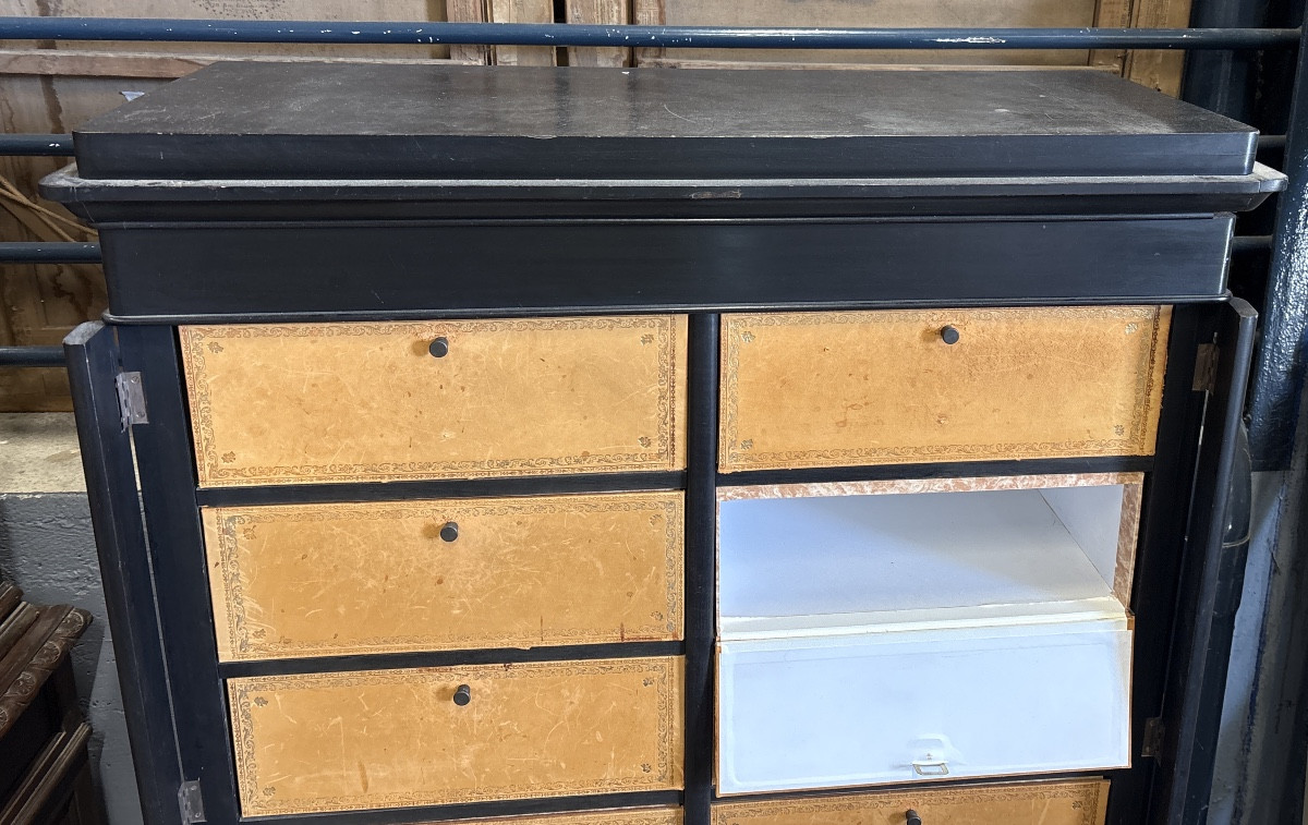 Mid-19th Century Cardboard Box Painted Black Leather-covered Compartments-photo-3