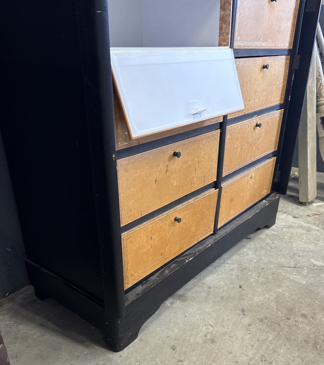 Mid-19th Century Cardboard Box Painted Black Leather-covered Compartments-photo-4