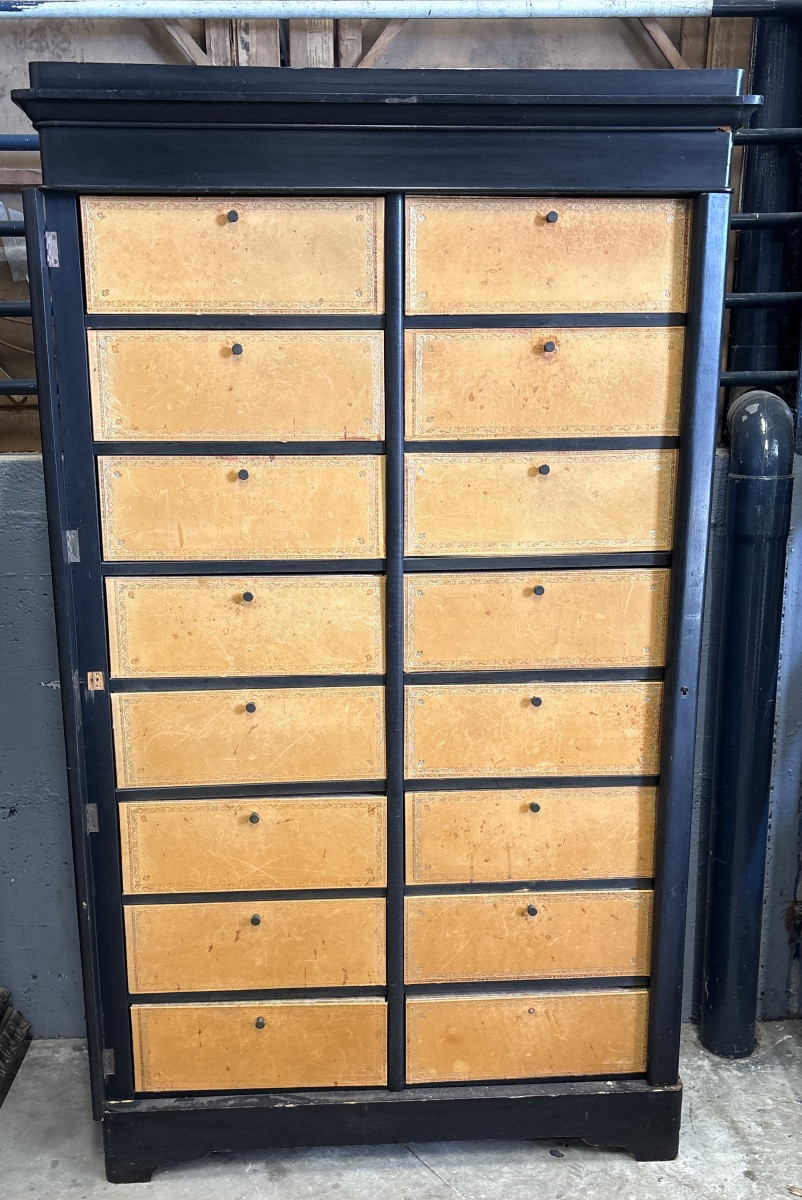 Mid-19th Century Cardboard Box Painted Black Leather-covered Compartments