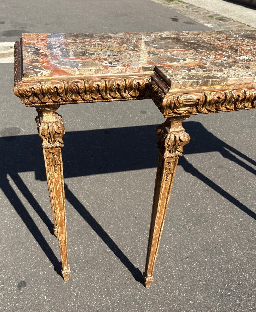 Console bois sculpté patiné de style italien dessus marbre XX EME -photo-2