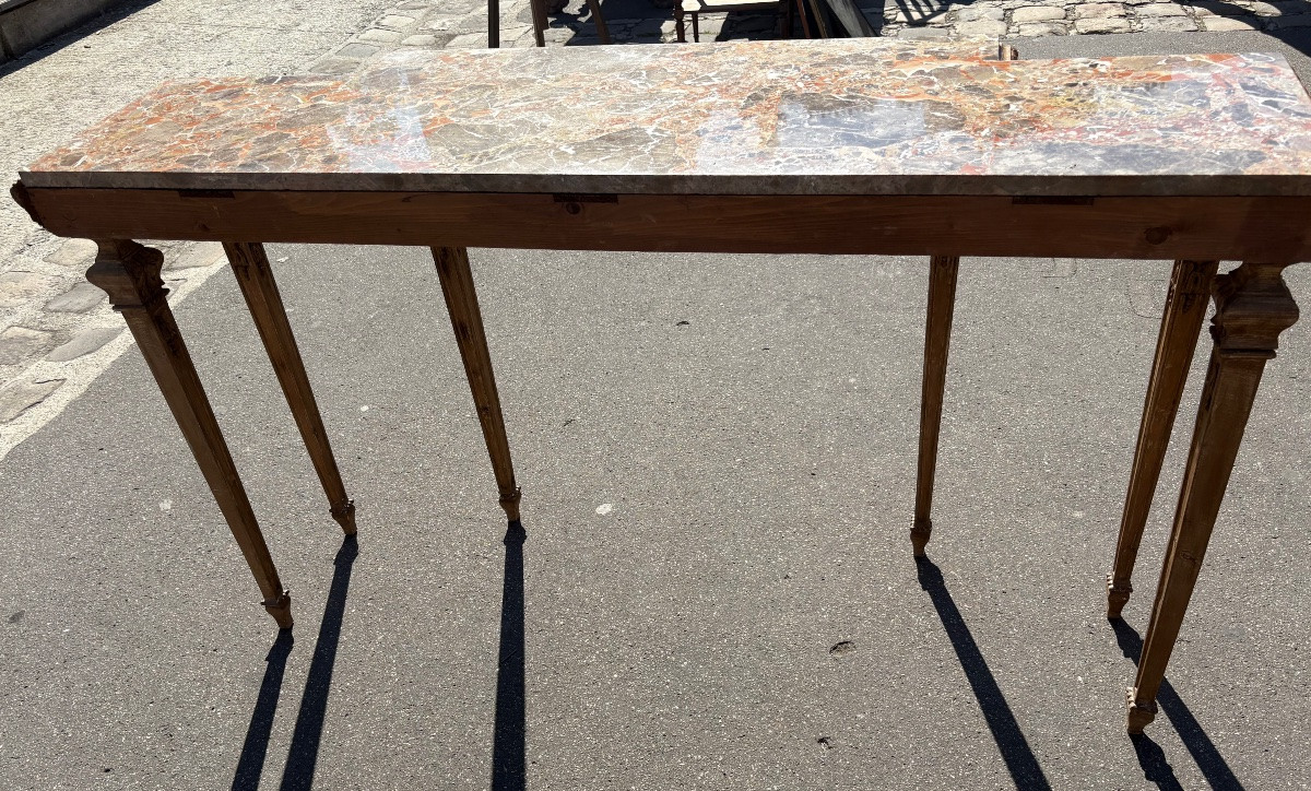 Console bois sculpté patiné de style italien dessus marbre XX EME -photo-3