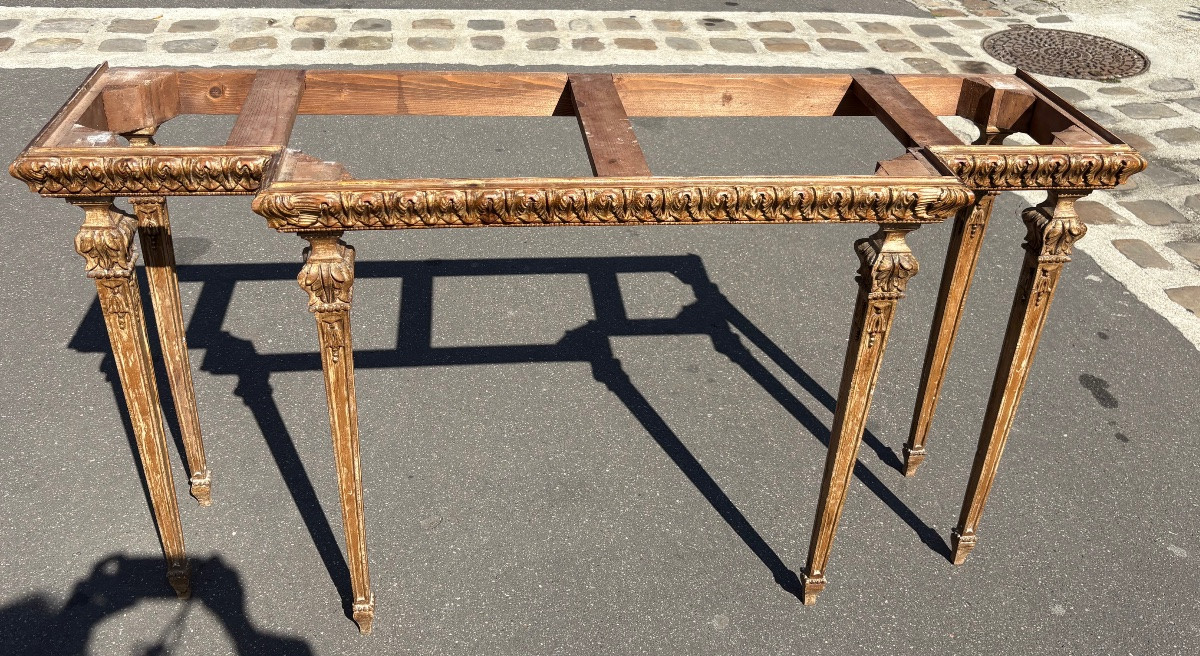 Console bois sculpté patiné de style italien dessus marbre XX EME -photo-4