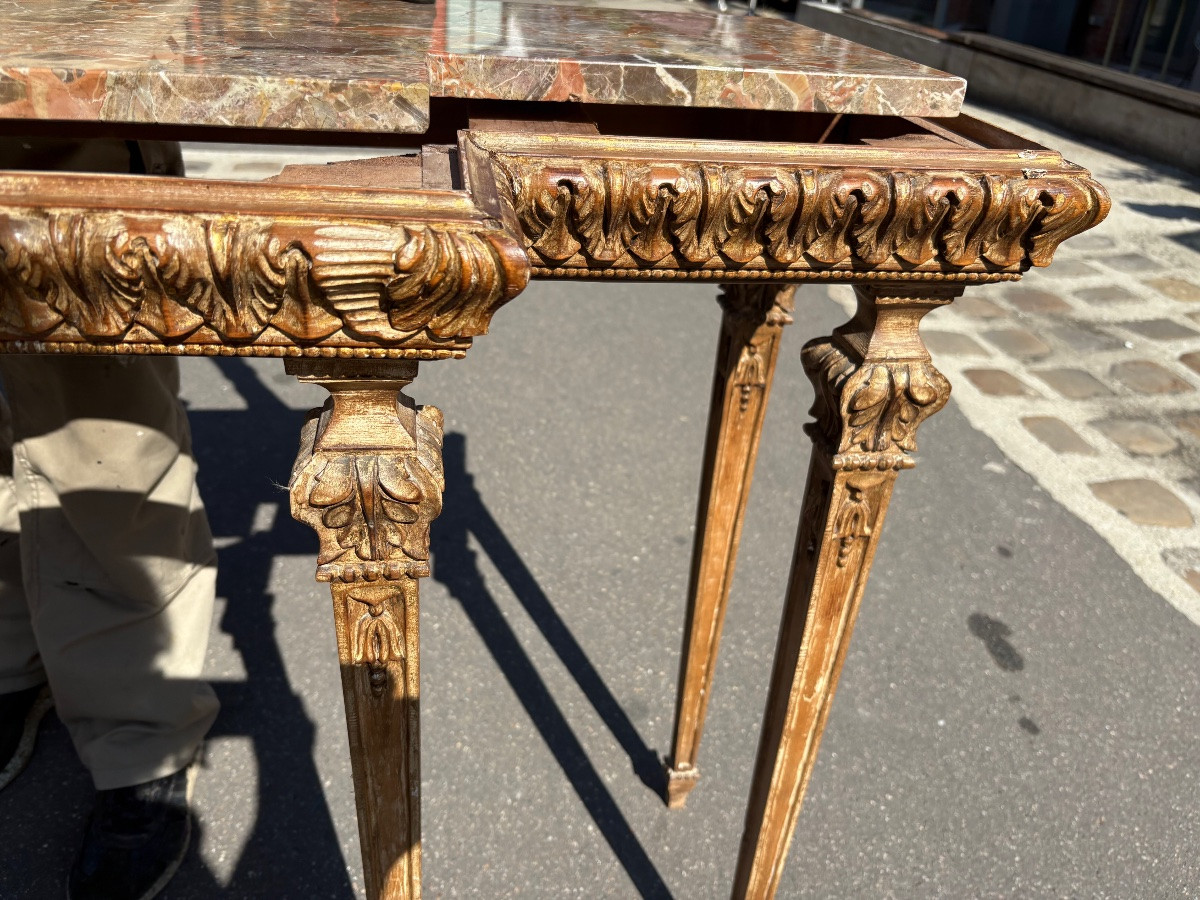 Console bois sculpté patiné de style italien dessus marbre XX EME -photo-3