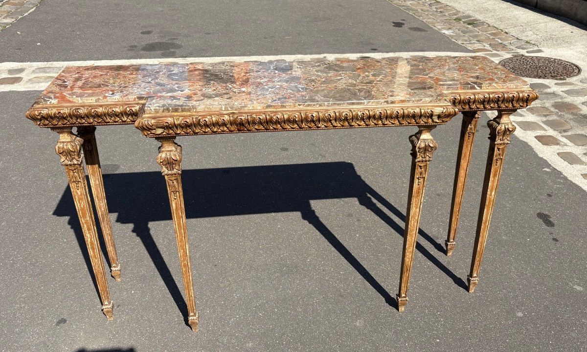 Console bois sculpté patiné de style italien dessus marbre XX EME -photo-4