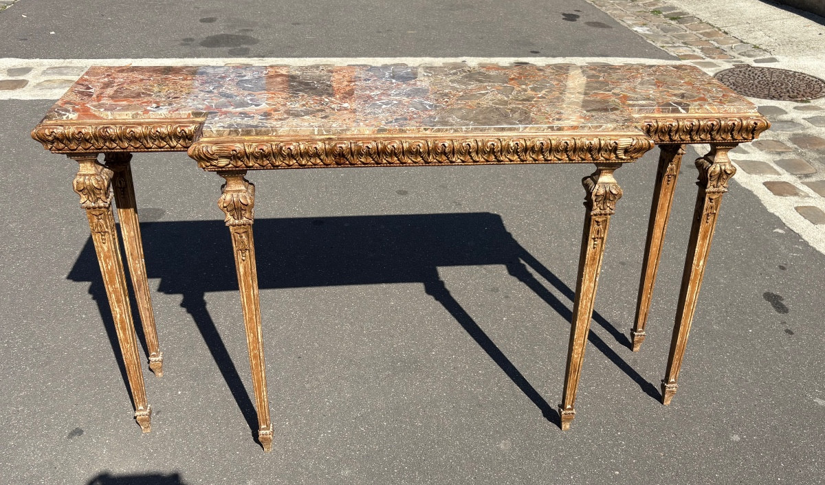 Console bois sculpté patiné de style italien dessus marbre XX EME 