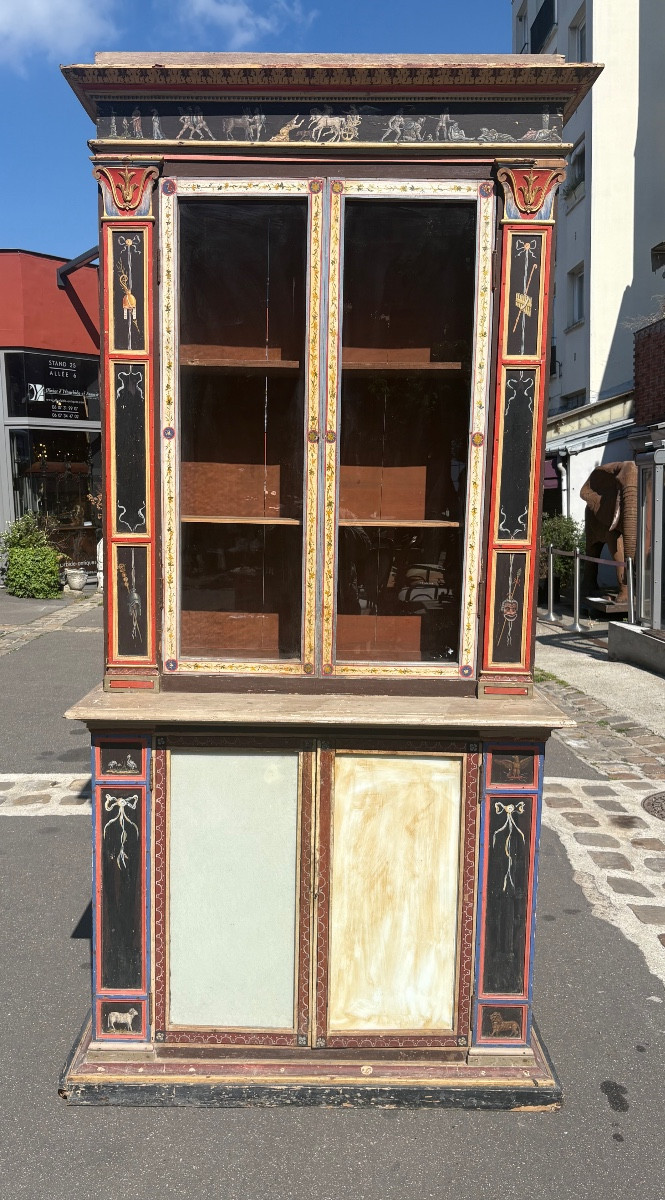 Buffet 2 Corps Painted With Pompeian Decor Italy Early XIX Eme