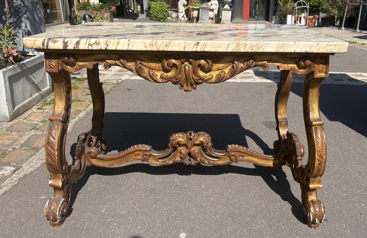 Table de centre bois doré Italie milieu XIX EME dessus marbre fleur de  pêcher 