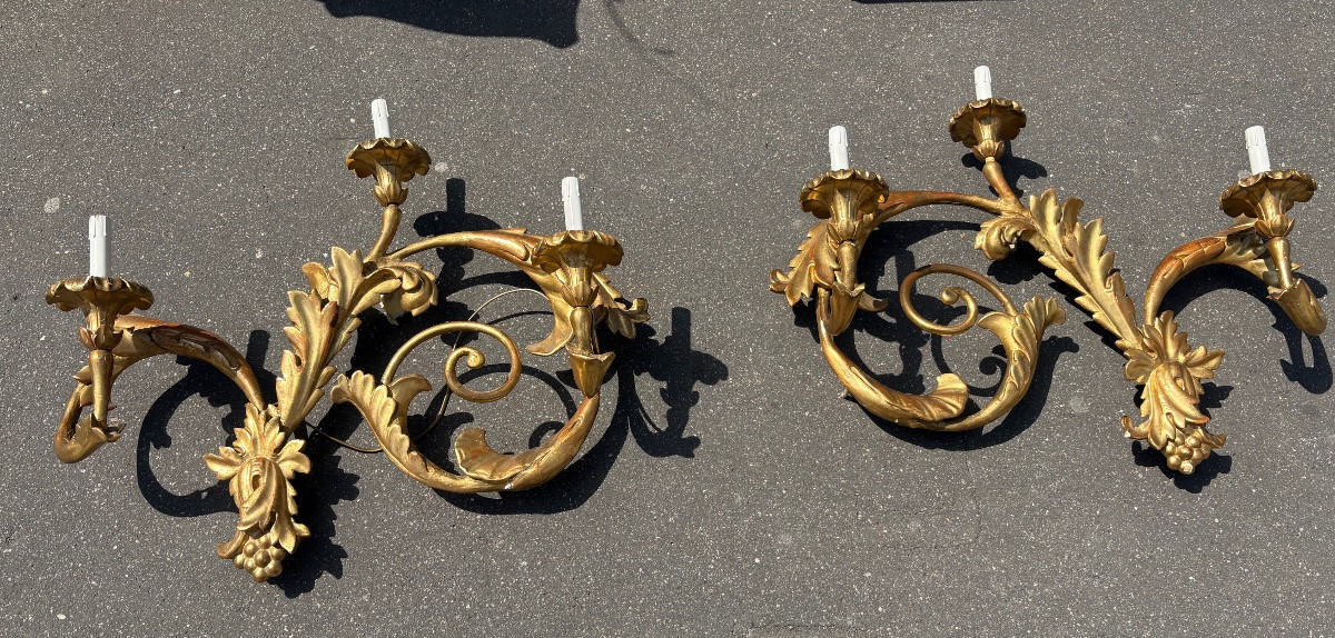 Pair Of Giltwood Sconces Italy XVIII XIX Eme 3 Lights-photo-2