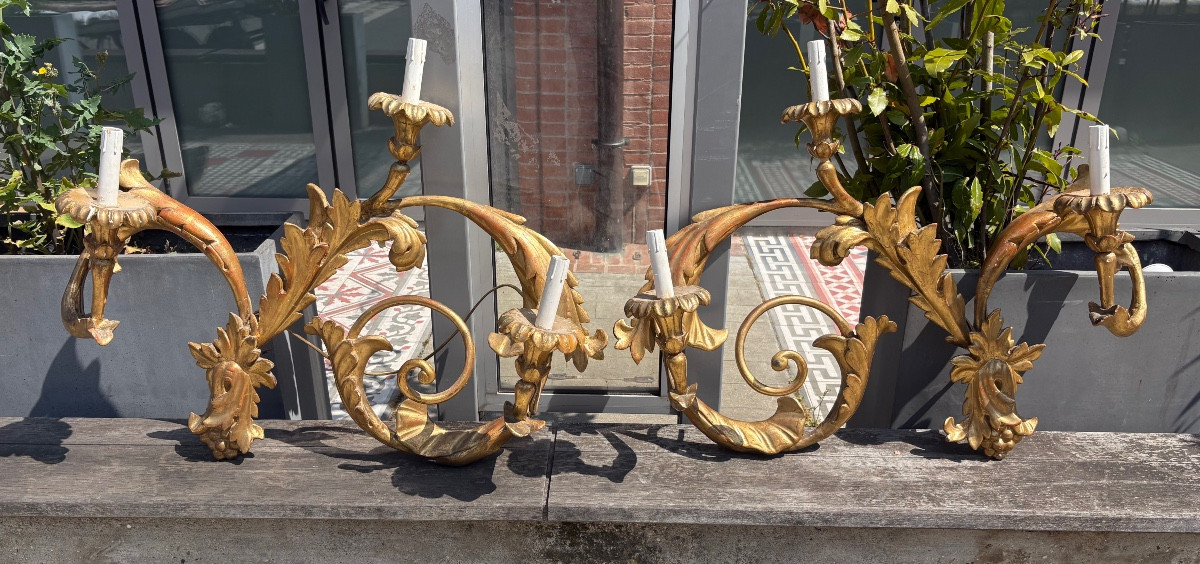 Pair Of Giltwood Sconces Italy XVIII XIX Eme 3 Lights