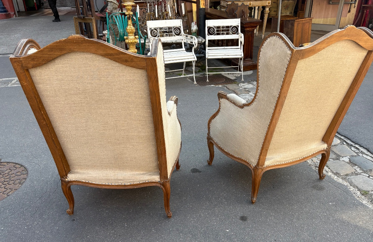 Pair Of Louis XV Style Beech Bergères With Ears, Early XXth Century-photo-2