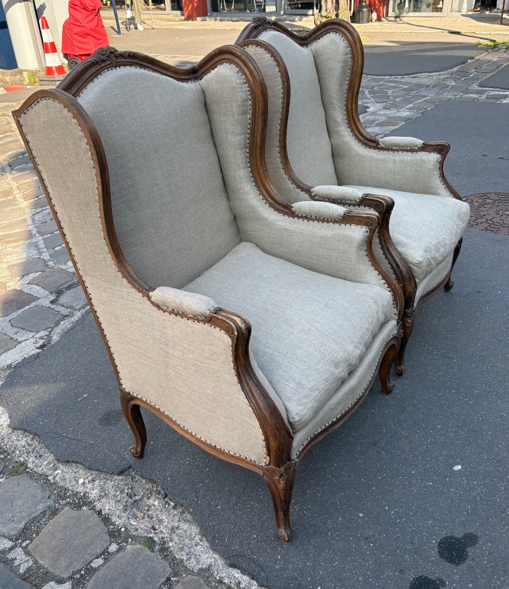 Pair Of Louis XV Style Beech Bergères With Ears, Early XXth Century-photo-1