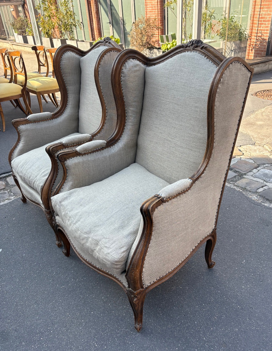 Pair Of Louis XV Style Beech Bergères With Ears, Early XXth Century-photo-2