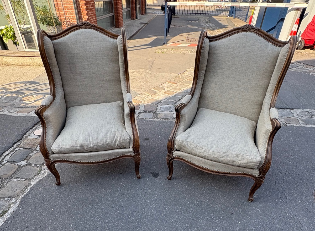 Pair Of Louis XV Style Beech Bergères With Ears, Early XXth Century