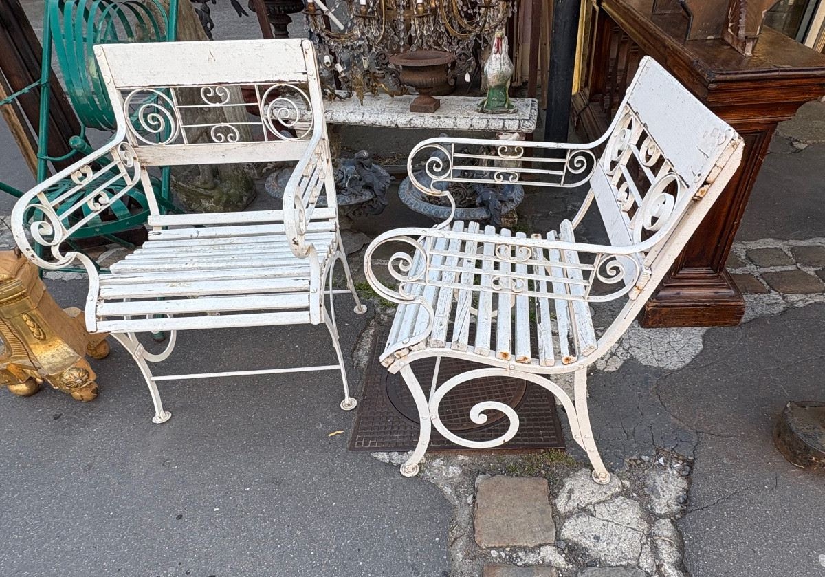 Pair Of Iron And Painted Wood Garden Armchairs XIX Eme-photo-4