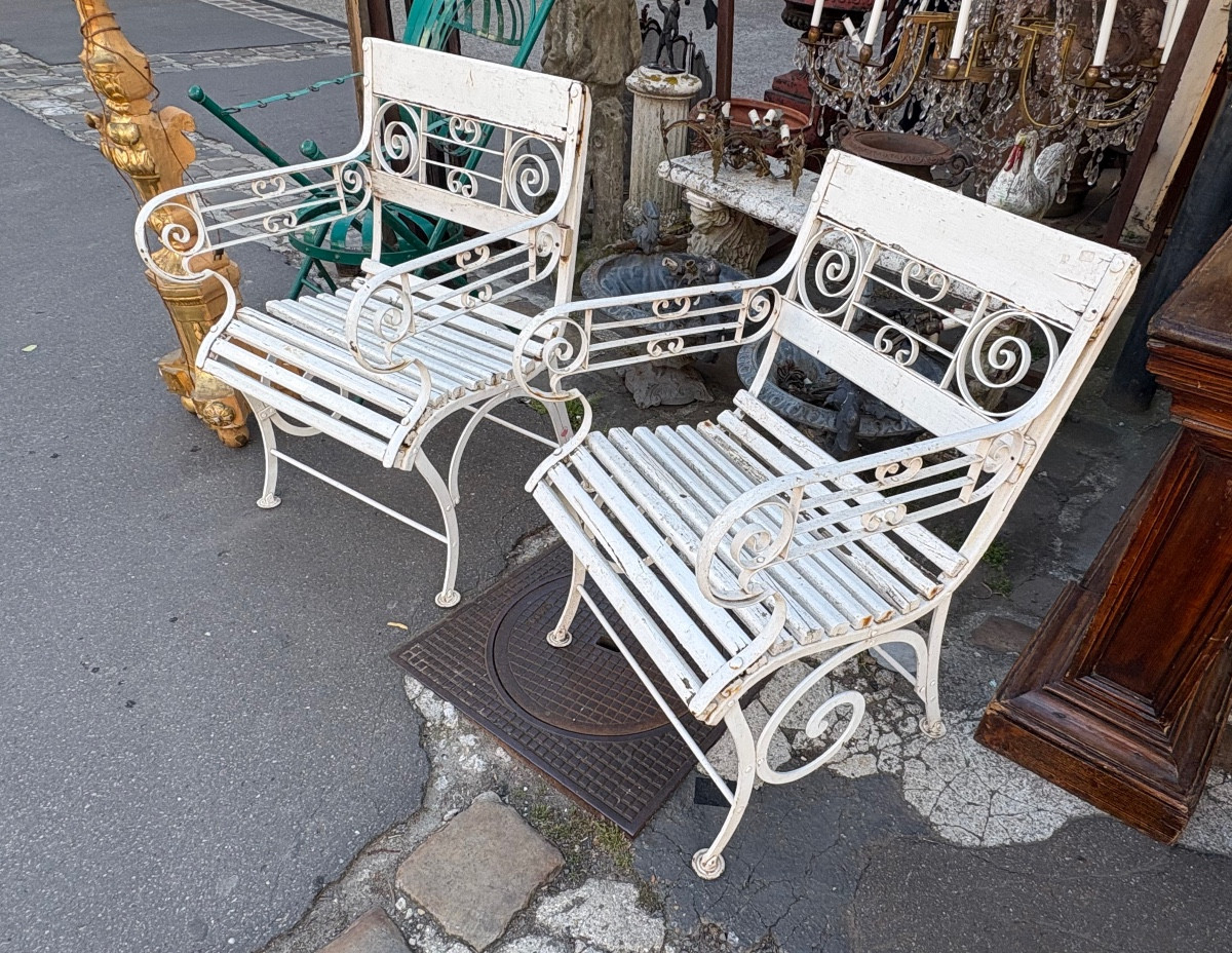 Pair Of Iron And Painted Wood Garden Armchairs XIX Eme