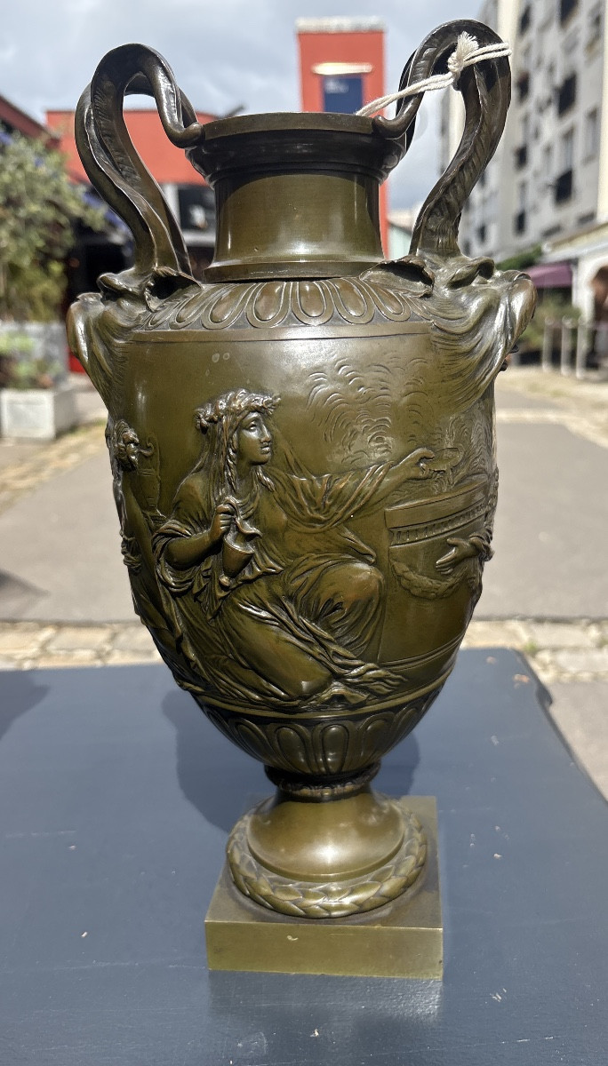 Pair Of Bronze Cassolettes With Green Patina, XIX Eme Medal, Signed Barbedienne, Founder.-photo-3