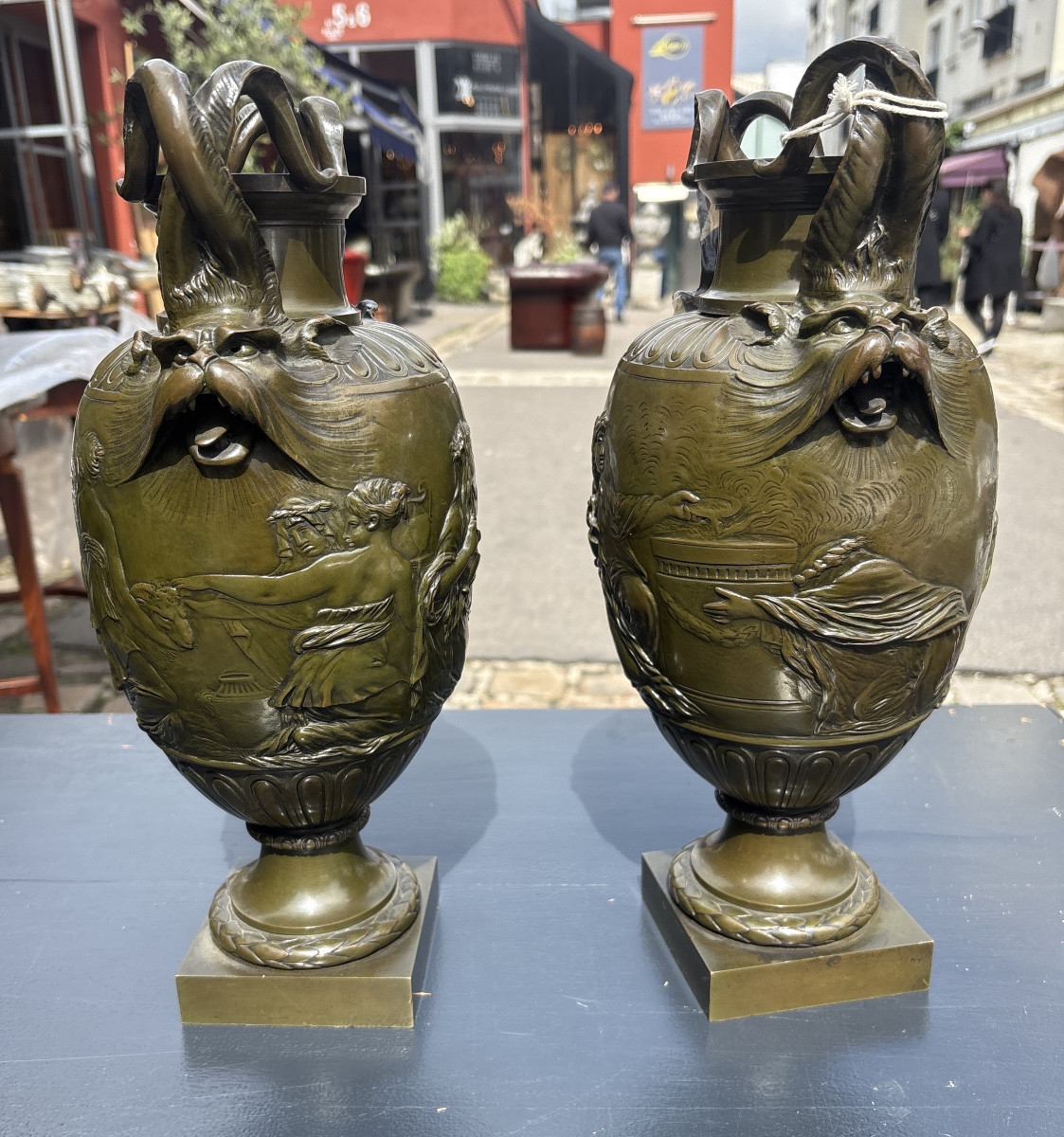Pair Of Bronze Cassolettes With Green Patina, XIX Eme Medal, Signed Barbedienne, Founder.-photo-4