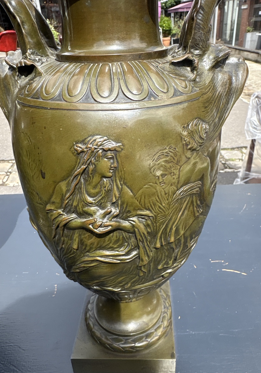 Pair Of Bronze Cassolettes With Green Patina, XIX Eme Medal, Signed Barbedienne, Founder.-photo-2