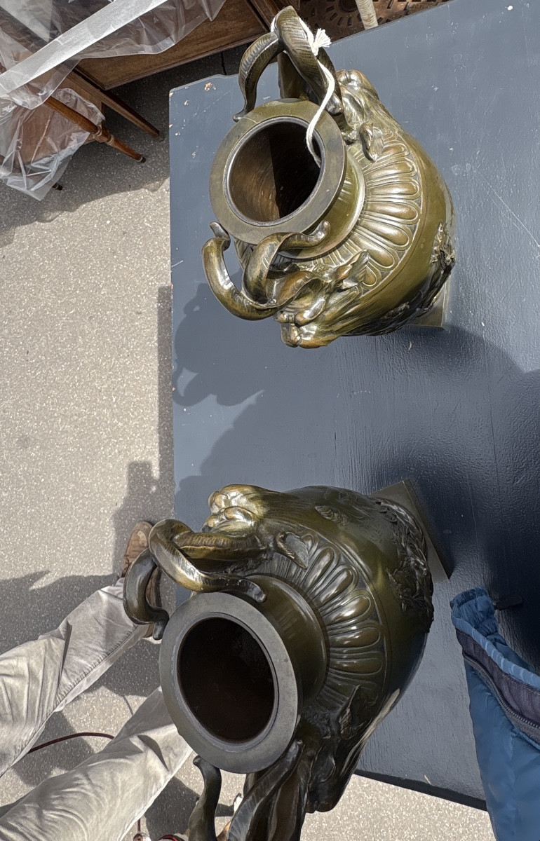 Pair Of Bronze Cassolettes With Green Patina, XIX Eme Medal, Signed Barbedienne, Founder.-photo-4