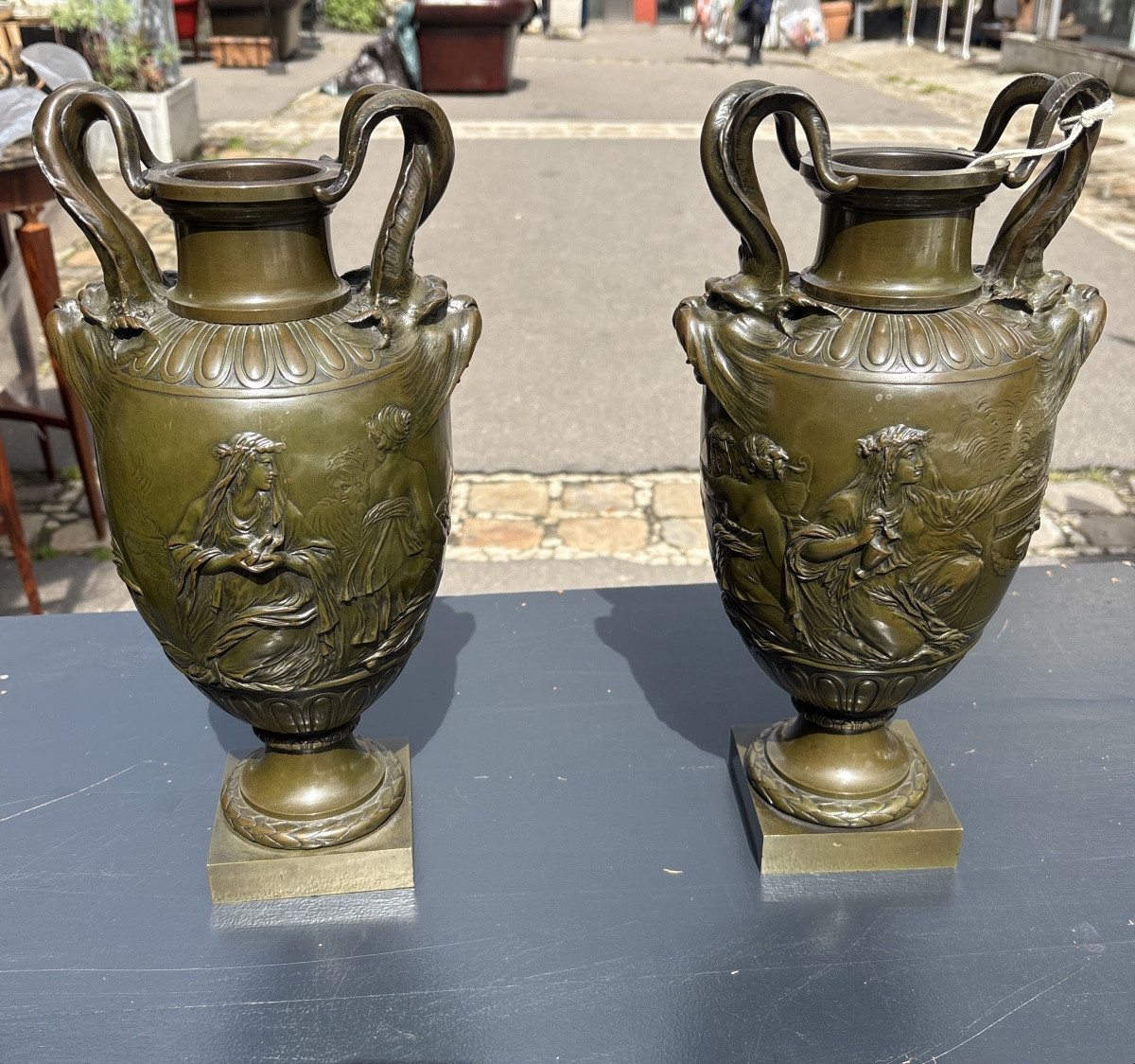 Pair Of Bronze Cassolettes With Green Patina, XIX Eme Medal, Signed Barbedienne, Founder.
