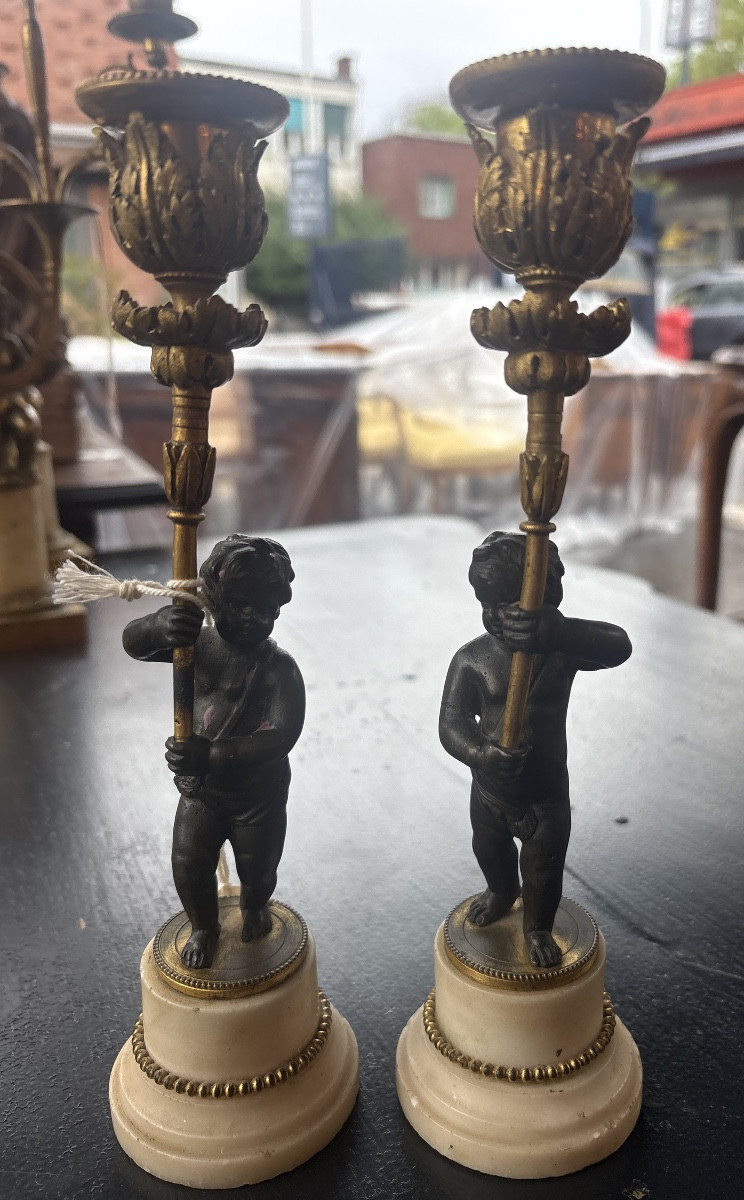 Paire de bougeoirs début XIX EME modèle au putti -photo-1