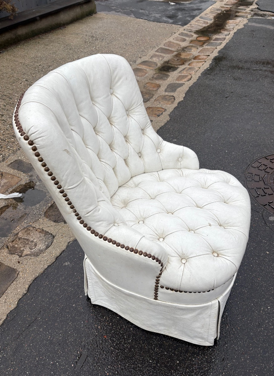 Fireside Chair In White Buttoned Leather Late XIX Eme-photo-4