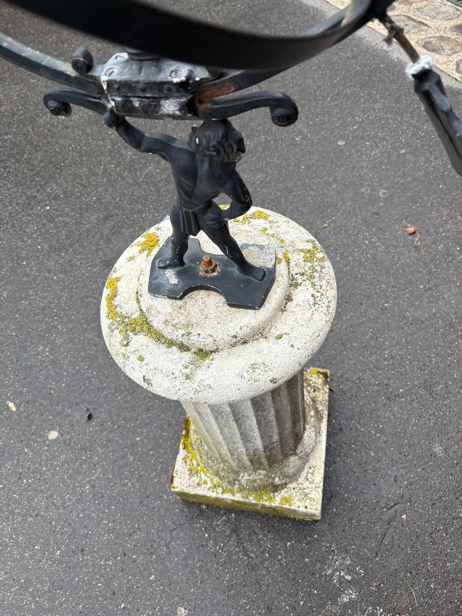 Danish Sundial In Patinated Iron On Reconstituted Stone Column XX Eme Siecle-photo-3