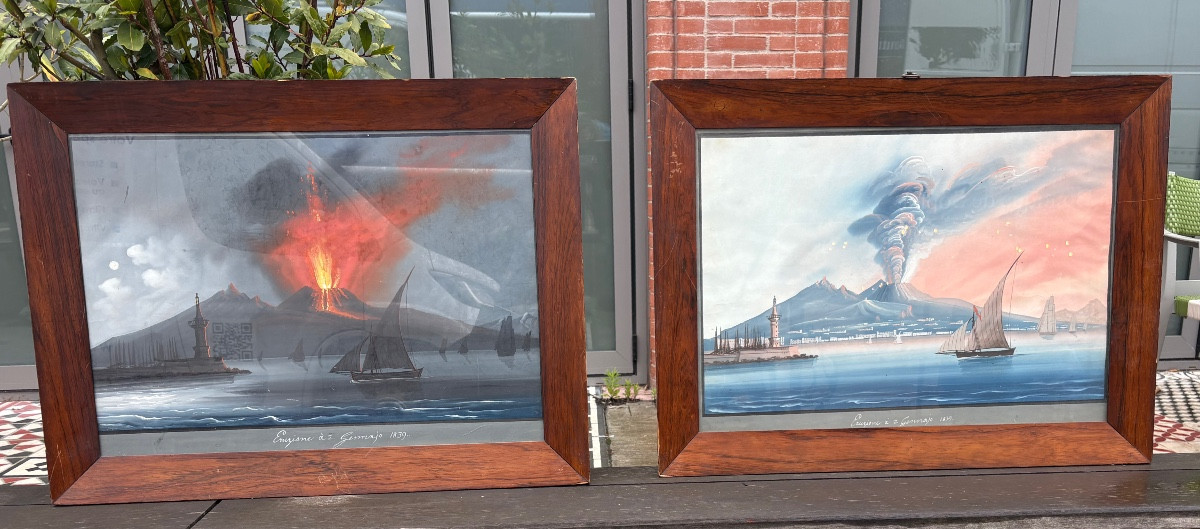 Pair Of Neapolitan Gouaches XIX Eme Walnut Frame