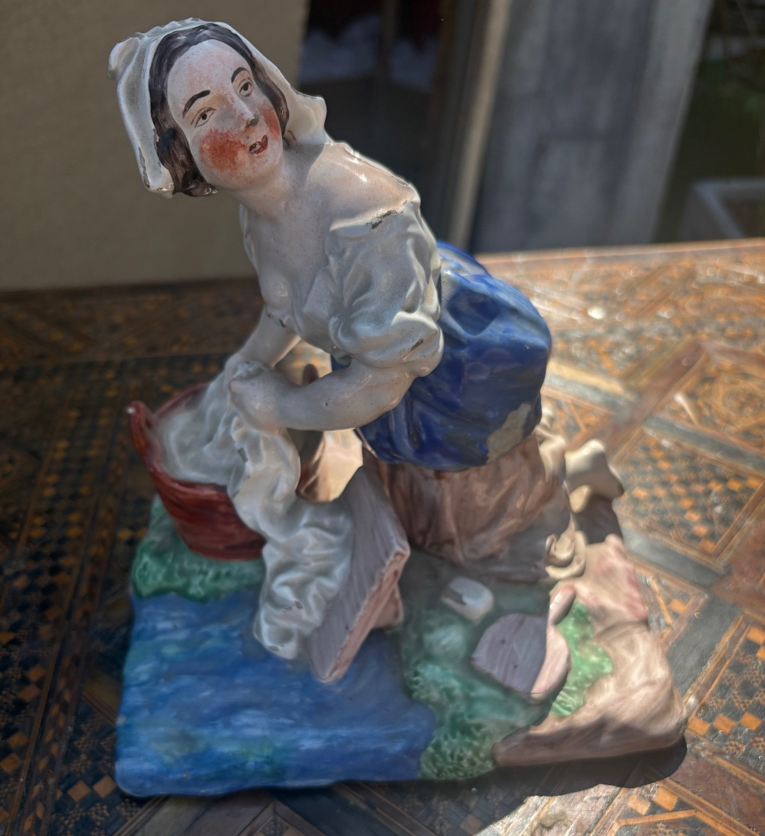 Polychrome Earthenware Subject From The XIX Eme The Washerwoman