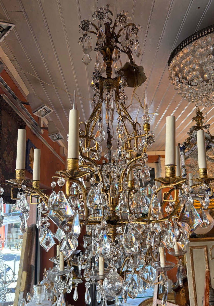 8-light Gilded Iron Chandelier Dressed With Crystals In The Baguès Style Early XX Eme-photo-2