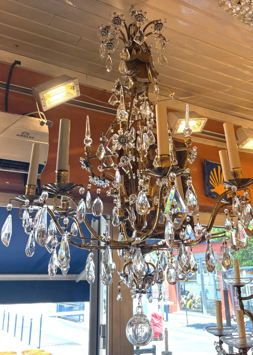 8-light Gilded Iron Chandelier Dressed With Crystals In The Baguès Style Early XX Eme-photo-2