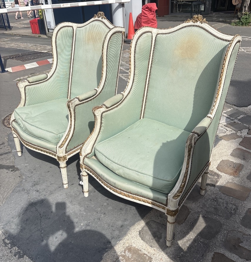 Paire de bergères  à oreilles  laquées de style Louis XVI finXIX EME  -photo-2