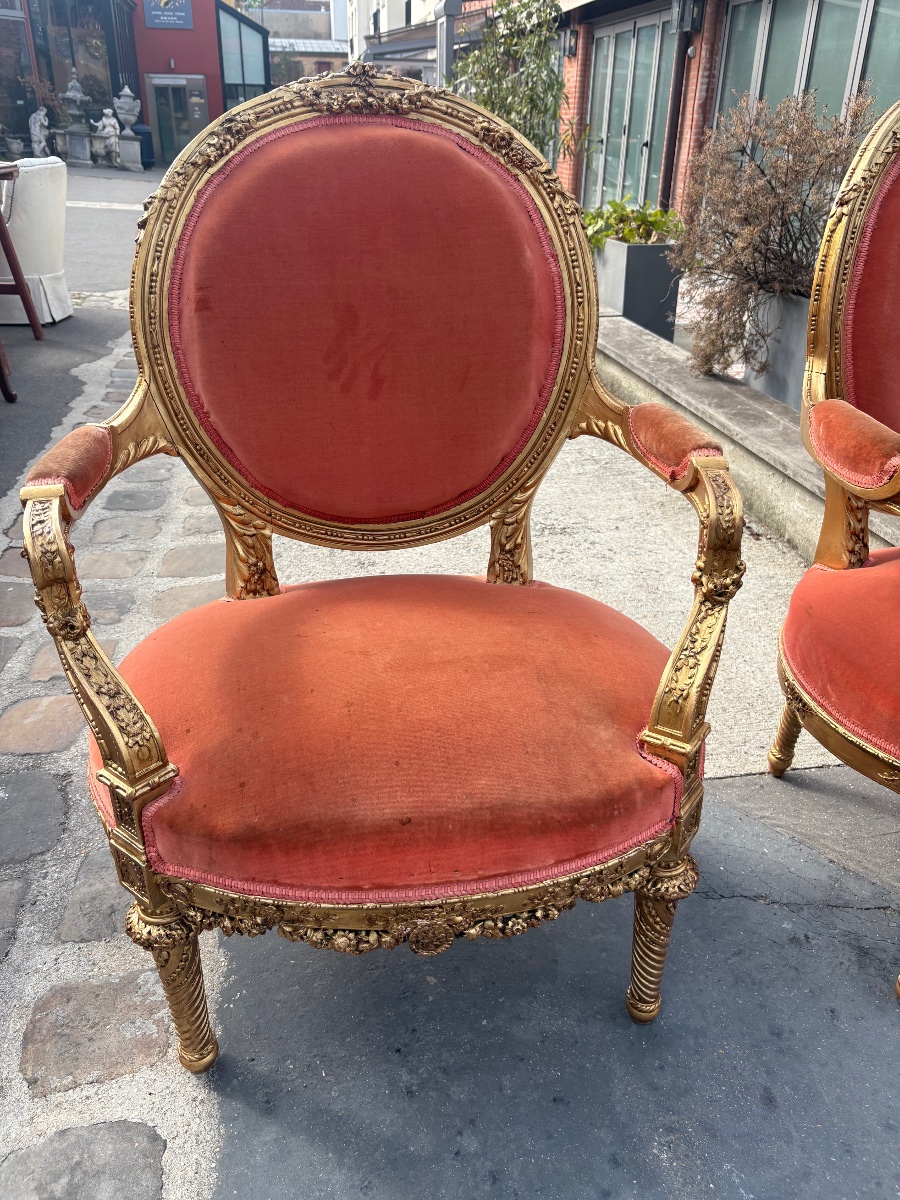 Paire de fauteuils de style Louis XVI. , fin XIX EME  bois doré -photo-2