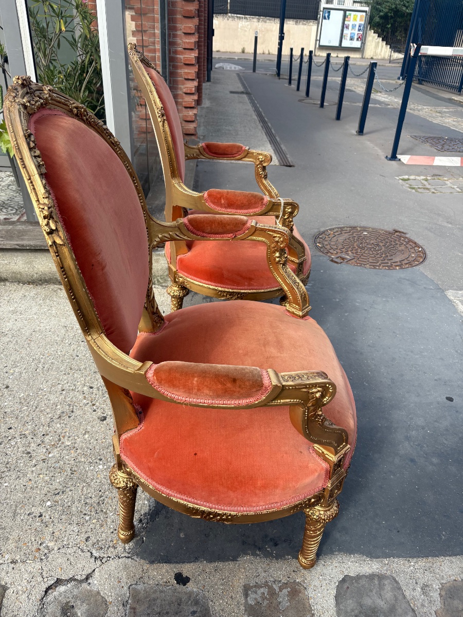 Paire de fauteuils de style Louis XVI. , fin XIX EME  bois doré -photo-3
