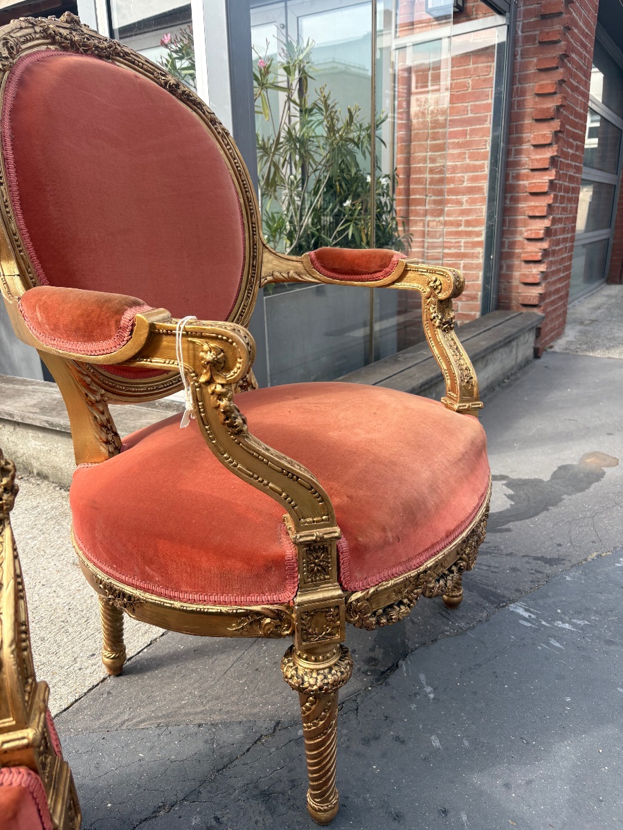 Paire de fauteuils de style Louis XVI. , fin XIX EME  bois doré -photo-3