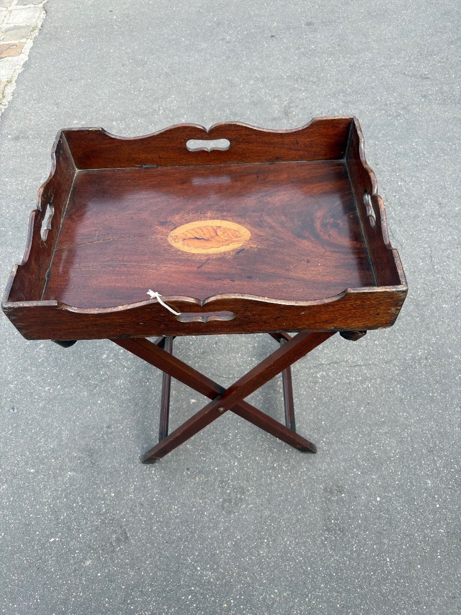 Plateau anglais  en acajou XIX EME avec trépied et  poignées  décor coquillage marqueté -photo-2
