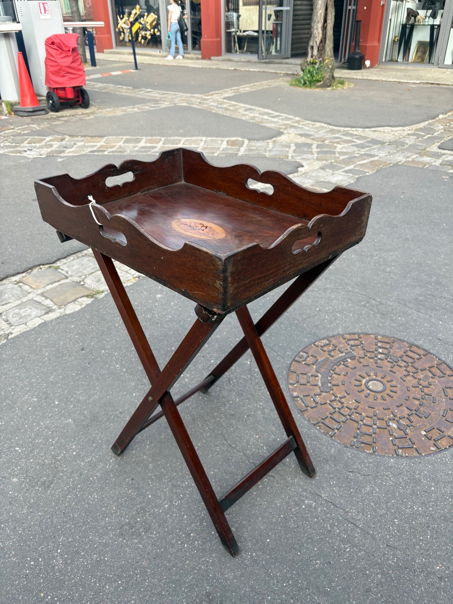 Plateau anglais  en acajou XIX EME avec trépied et  poignées  décor coquillage marqueté -photo-3