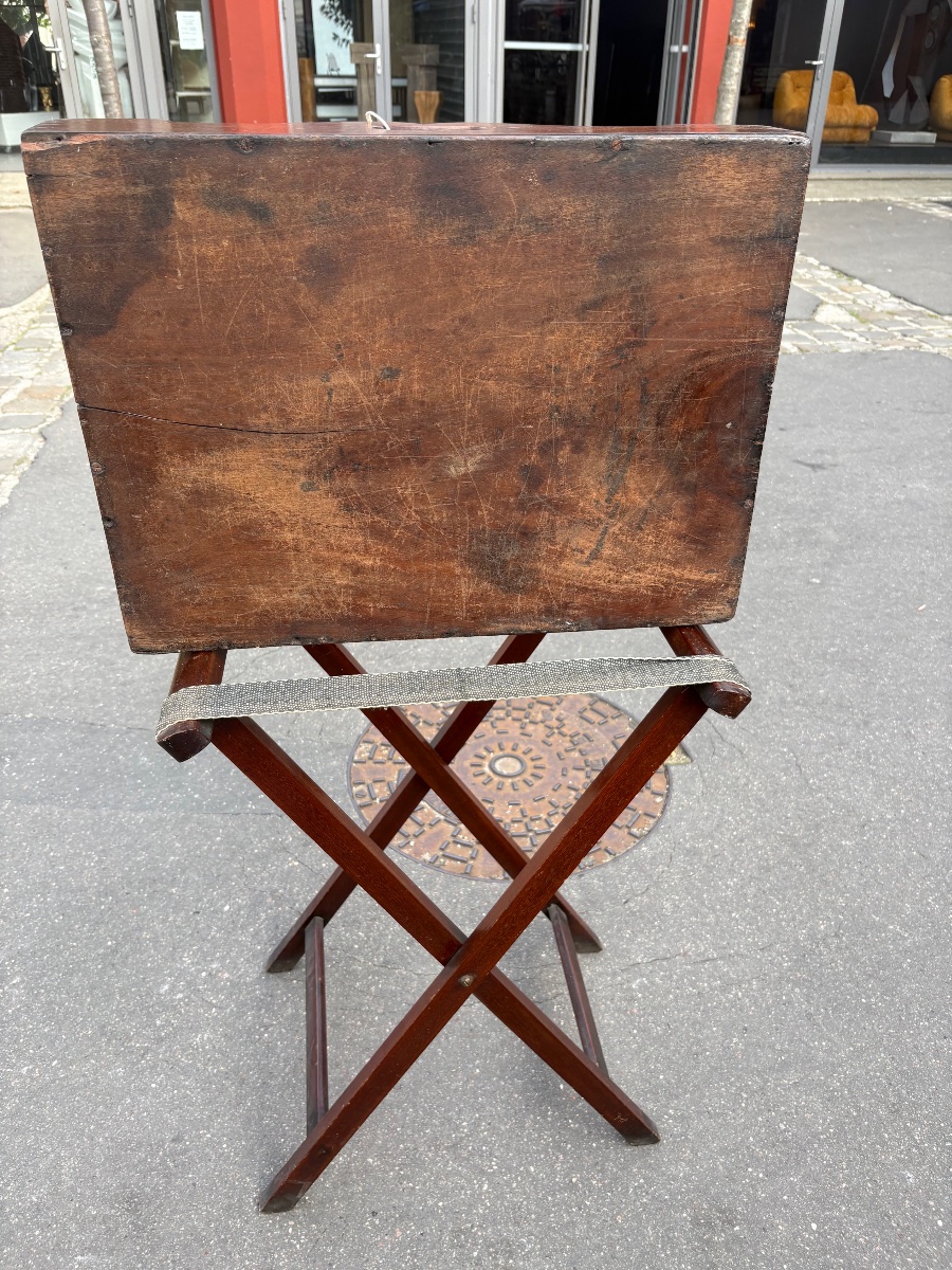 Plateau anglais  en acajou XIX EME avec trépied et  poignées  décor coquillage marqueté -photo-4