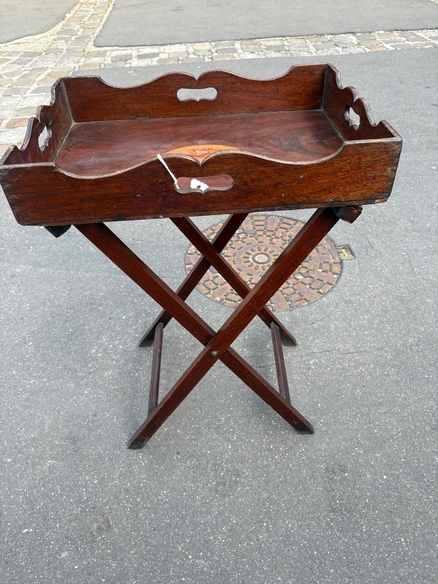 Plateau anglais  en acajou XIX EME avec trépied et  poignées  décor coquillage marqueté -photo-1