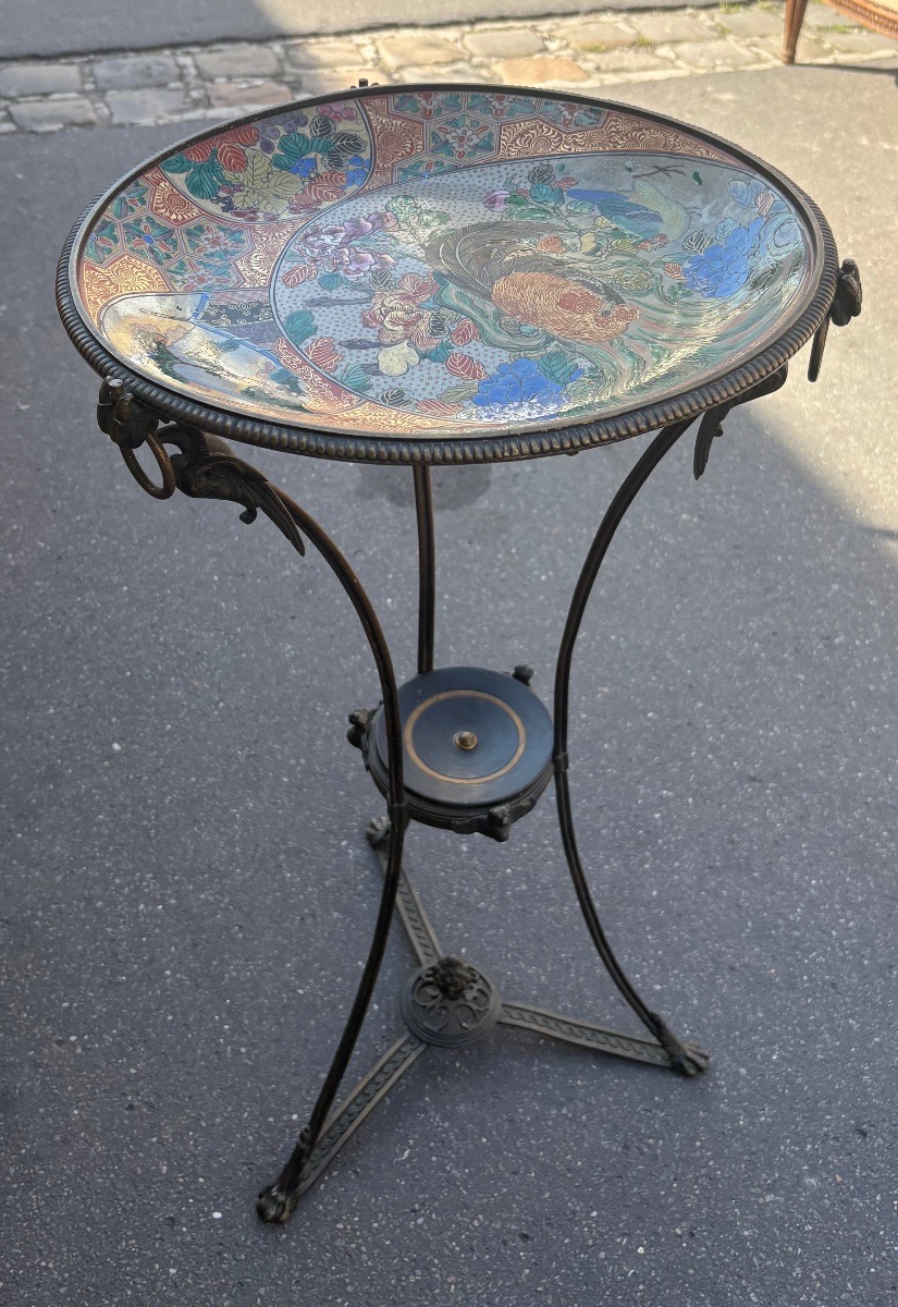 Small Bronze Pedestal Table With Japanese Porcelain Dish, Mid-19th Century