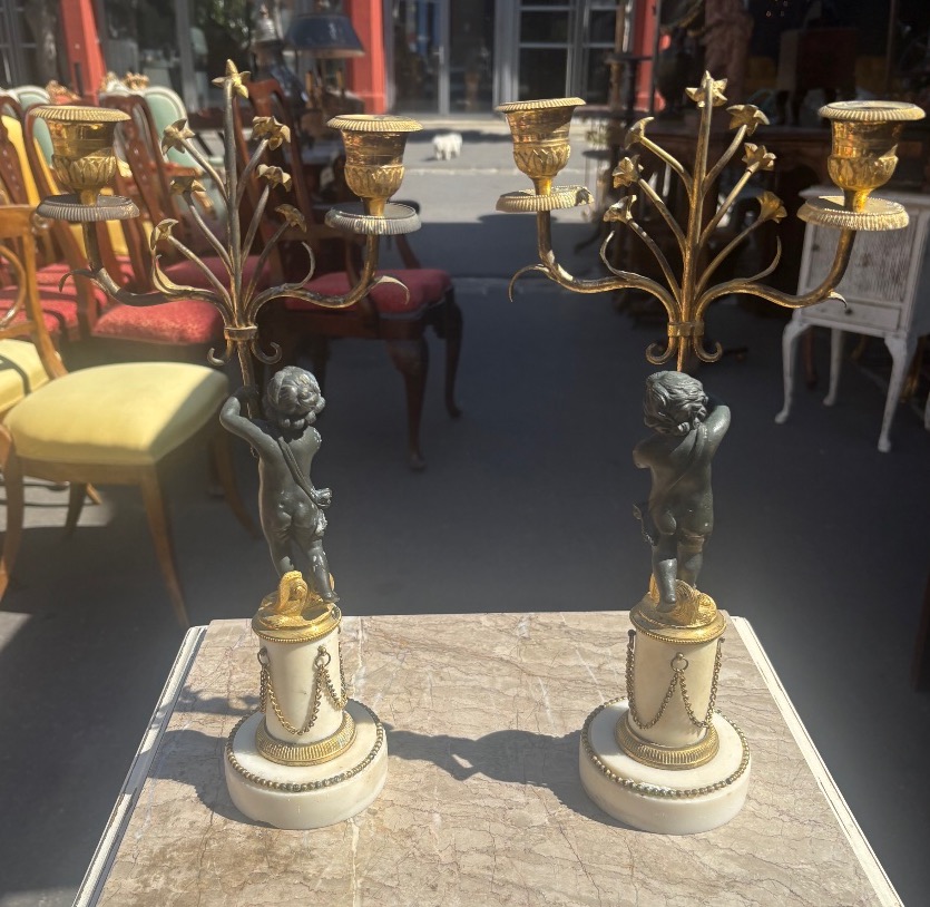 Paire de candélabres en bronze doré et patine brune  FIN  XVIII -photo-2